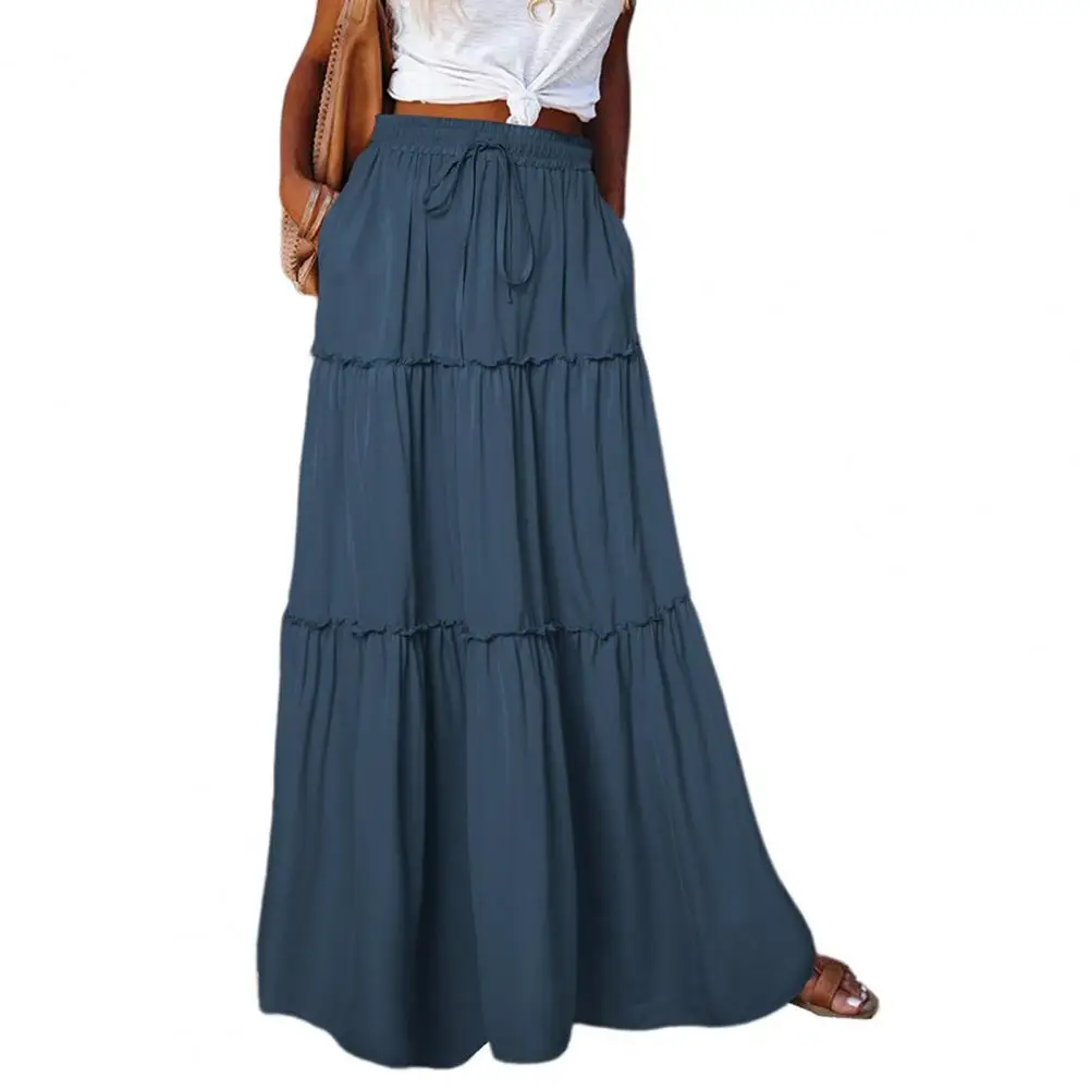 

High Waist Elastic Waistband Maxi Skirt Women 2023 Solid Color A-Line Ruffle Stitching Holiday Party Long Skirt Streetwear