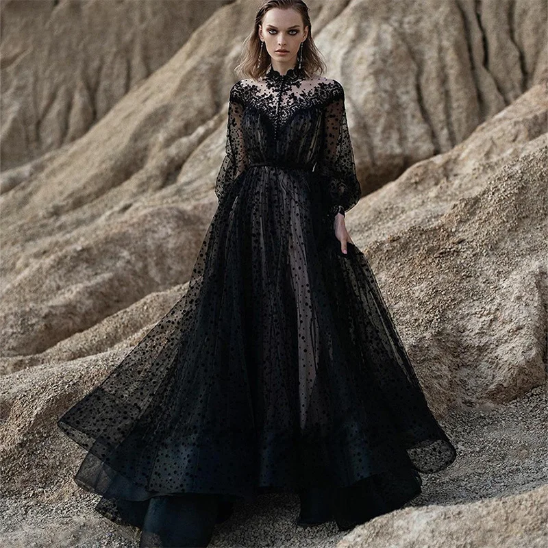 

Aixiangsha Black Lace Appliques Dotted Tulle Prom Dress Long Sleeves High Neck Evening Dresses Formal A-Line Party Gowns Fashion