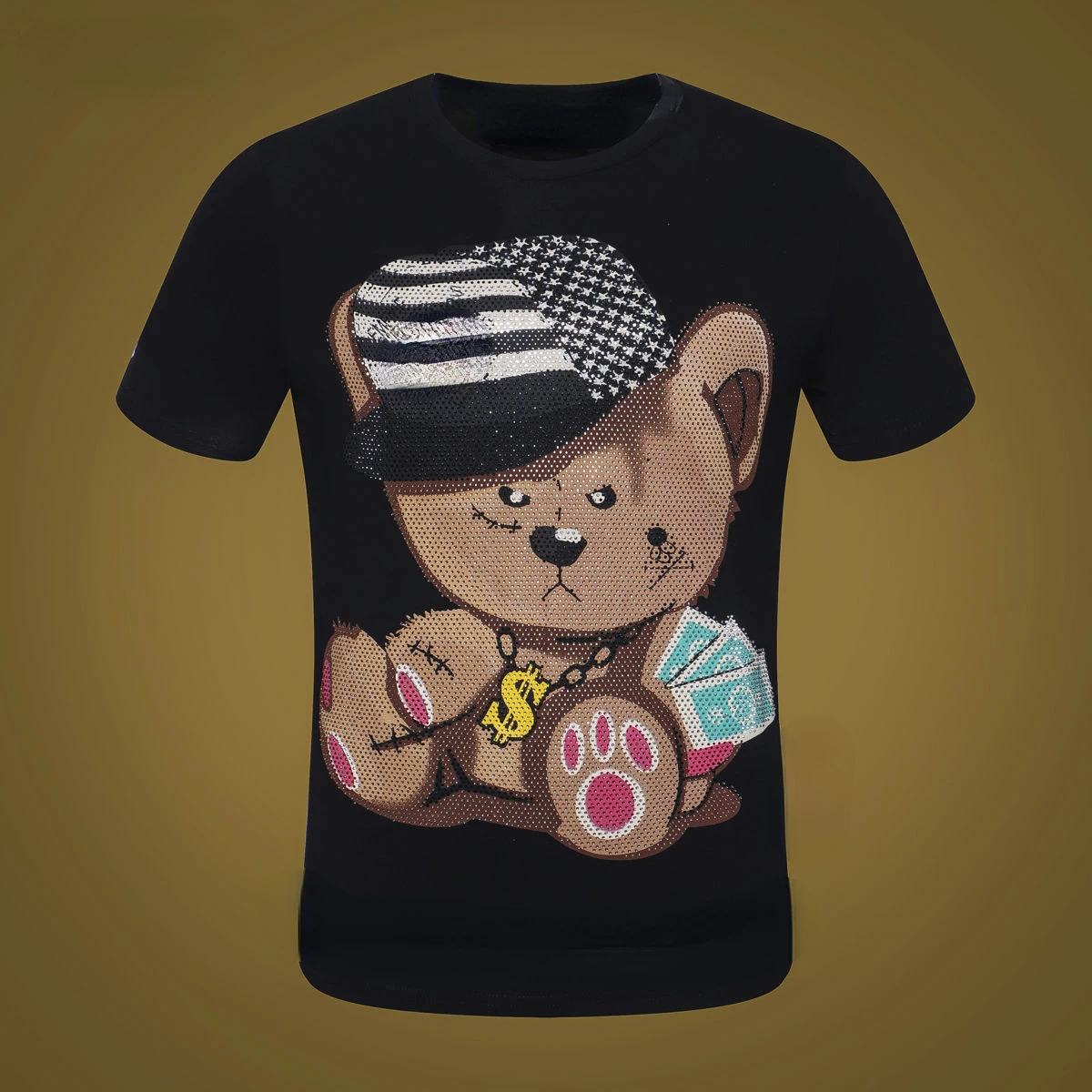 

2022 Summer T-shirt Men's PP Skull Wear Trend Bear Color Hot Drill Short Sleeve Funny Round Neck Half Sleeve T-shirt