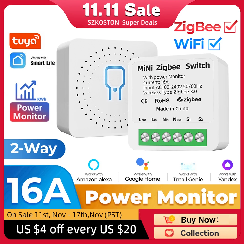 

Tuya Zigbee / WiFi MiNi Smart Switch With Power Monitor 16A 2-way Control Timer Breaker Relay Work With Alexa Google Home Alice