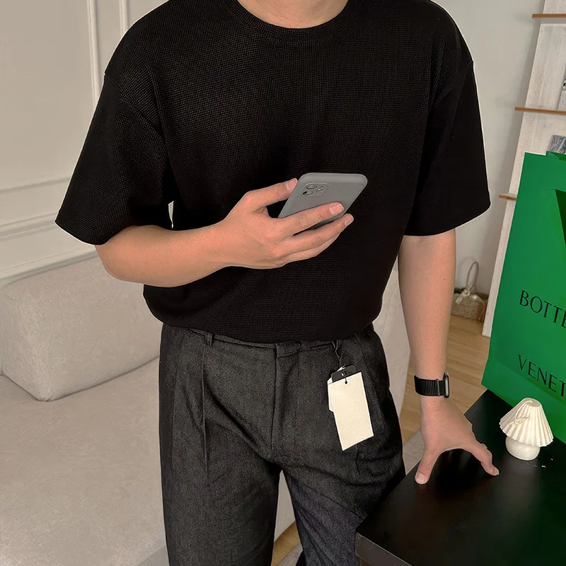 

Summer Short Sleeve T-shirt Men Fashion Casual Black Gray White Checker T Shirt Men Korean Loose Round Neck Tshirt Mens Top
