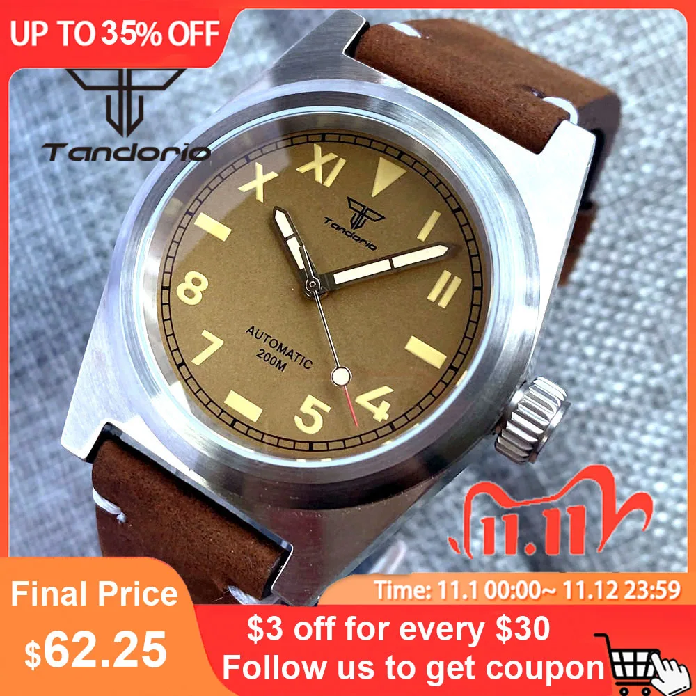 Скидка Автоматический мужской кожаный/резиновый ремешок тандорио PT5000 NH35A 38 мм 20 бар