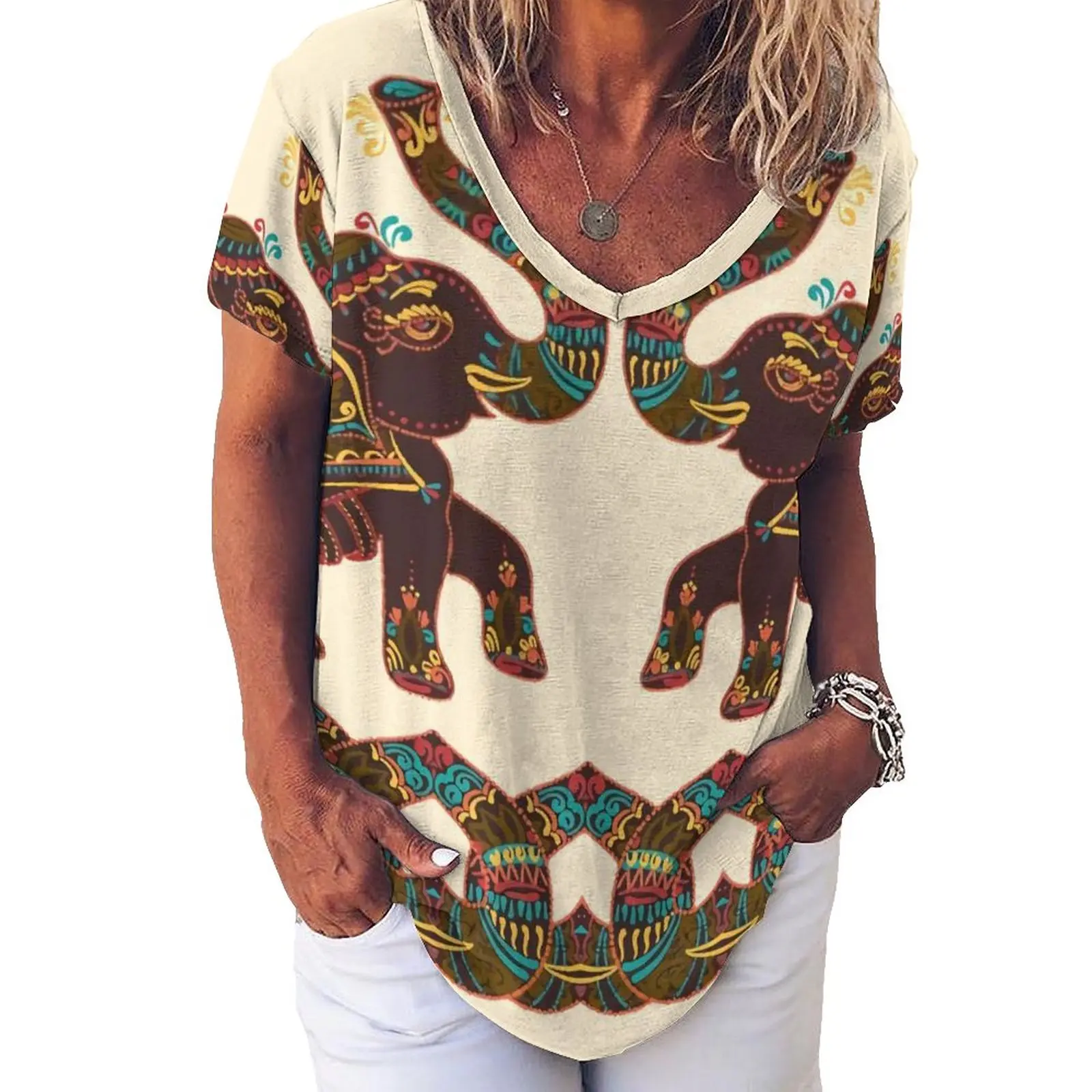 

Indian Elephant Art T-Shirts Colorful Floral Print Street Wear V Neck T-Shirt Short-Sleeve Trendy Oversize Tees Graphic Tops