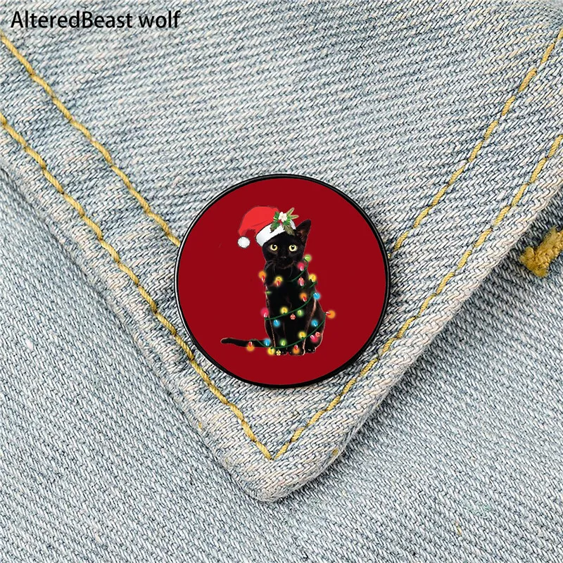

Black Santa Cat Printed Pin Custom Brooches Shirt Lapel teacher tote Bag backpacks Badge Cartoon gift brooches pins for women