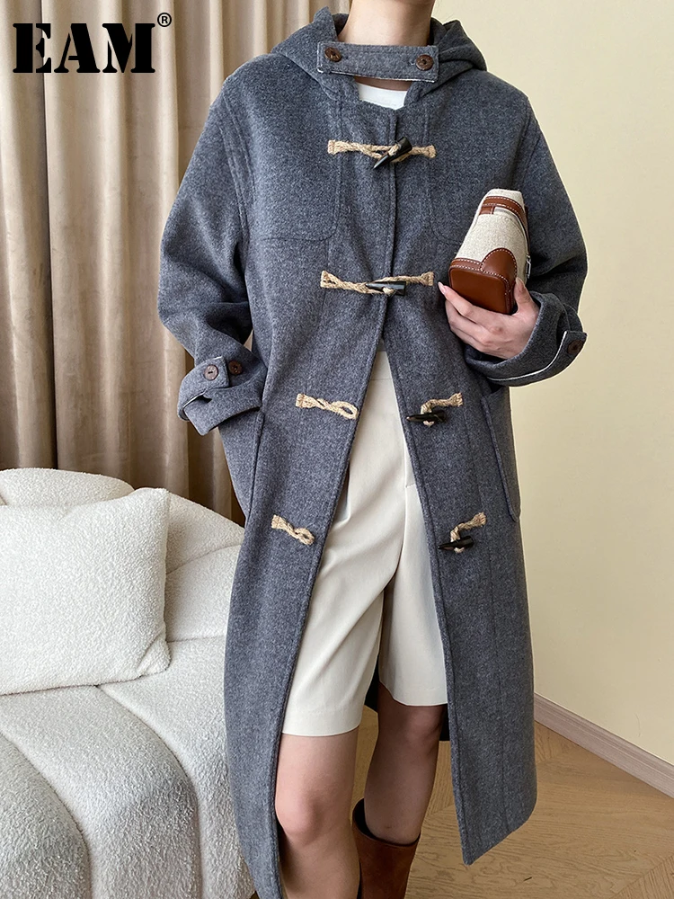 

[EAM] Loose Fit Gray Horn Buckle Big Size Woolen Coat New Hppded Long Sleeve Women Jacket Fashion Autumn Winter 2023 1DH0875