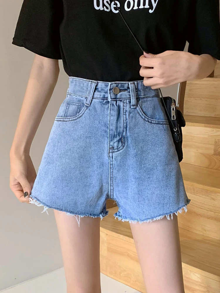Streetwear Women High Waist Wide Leg Raw Hem Blue Denim Shorts Spring Summer Female Loose Jeans Shorts Bottoms