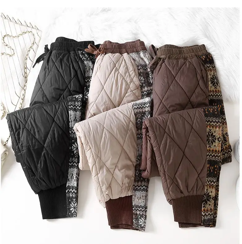 

Elastic Waist Outer Wear Warm Cotton Pants Women Thickened Drawstring Stitching Quilted Casual Pants 2022 Winter Ethnic Trousers