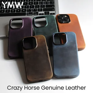 Imported YMW Crazy Horse Genuine Leather Case for iPhone 14 Pro Max Plus 13 12 mini Magnetic PULL-UP Frosted 