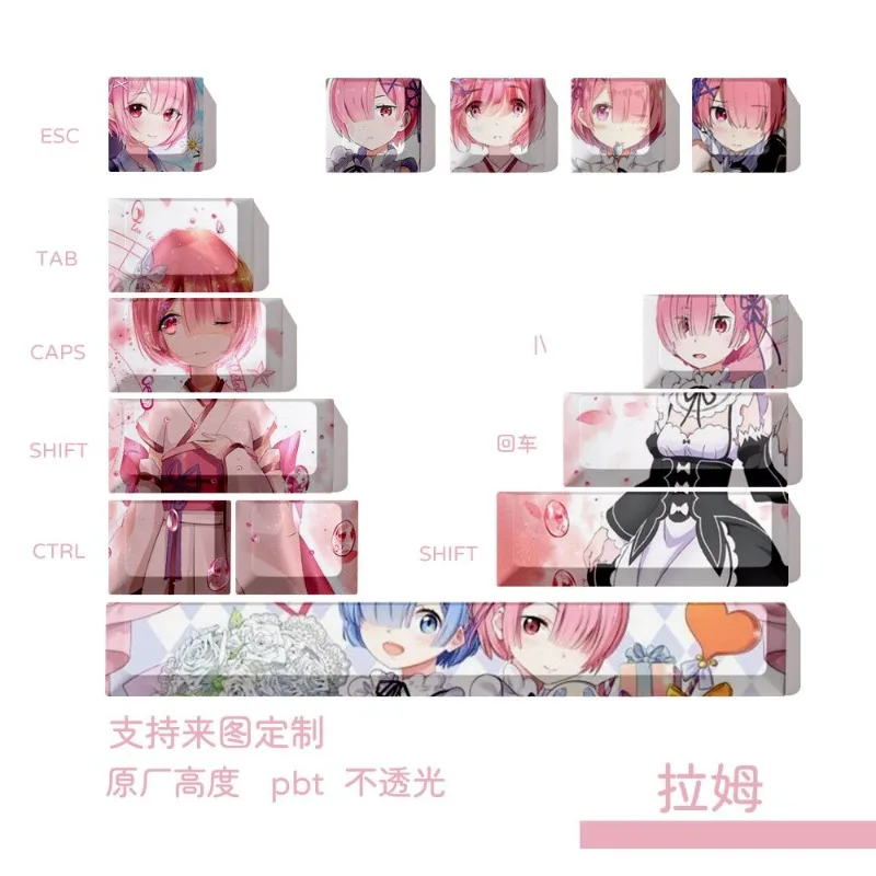 Фото Оригинальные кейкапы Re:Zero Theme Anime для механической клавиатуры, PBT, индивидуальные, милые, для ПК, игровые аксессуары, мультяшные подарки №2