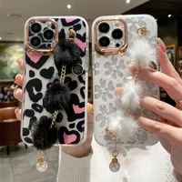 fashion flower clear phone cases for iphone 13 pro max 12 11 xr se2020 x 7 8 plus plating cover wristband with fur ball chain