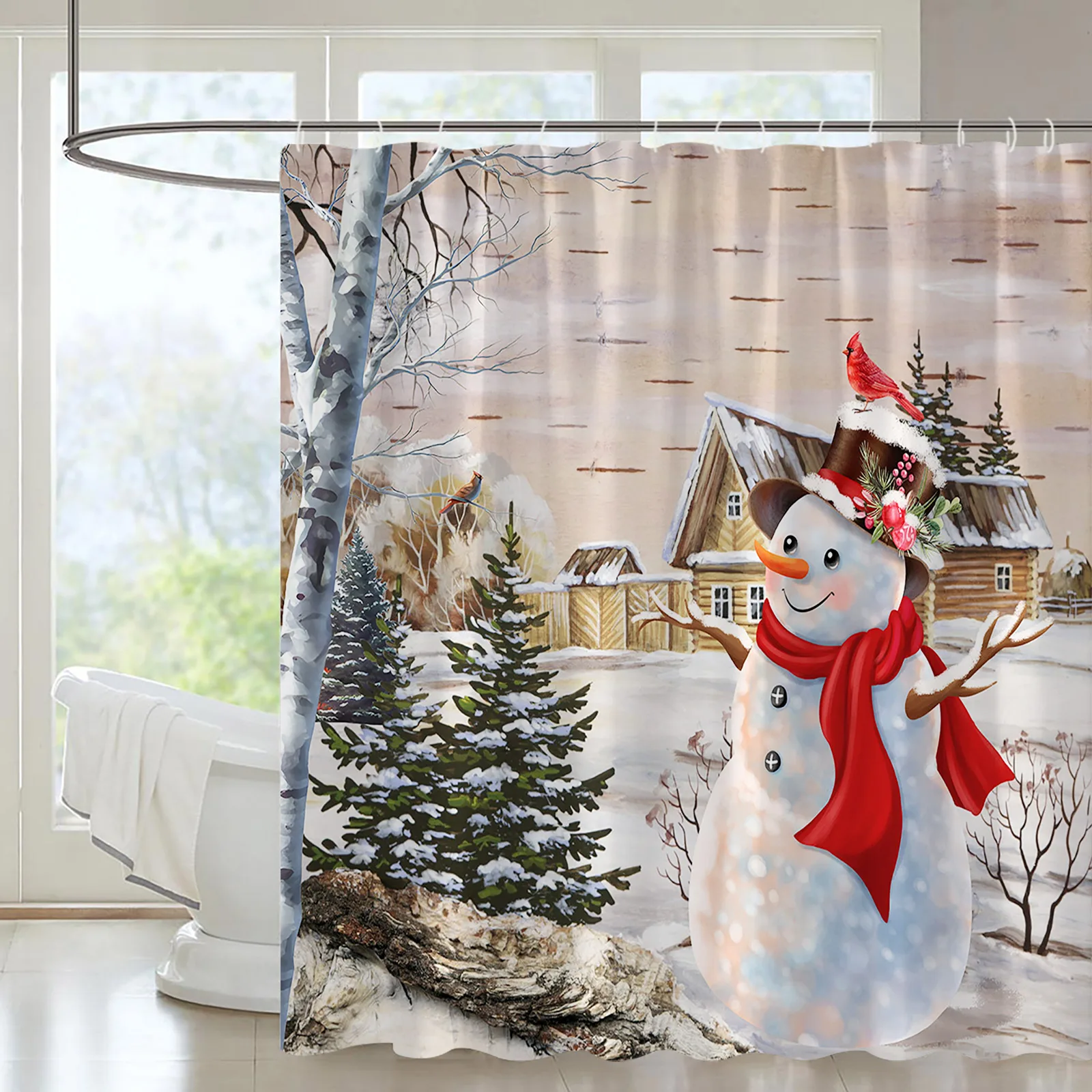 Christmas Shower Curtain Winter Snow Snowman Shower Curtain for Bathroom New Year Holiday Home Decor Fabric Bath Accessories Set