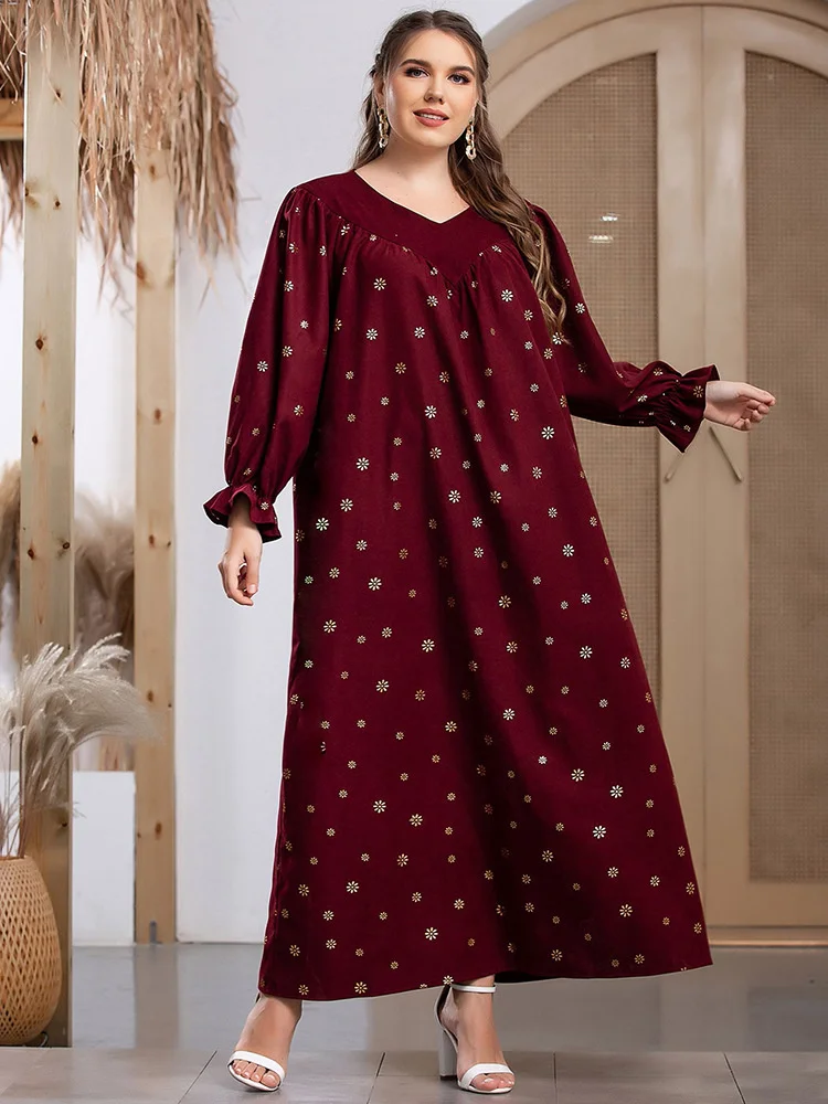 

Muslim Abaya Women's Loose Gown Dubai Gold Stamping Print V-Neck Flare Long Sleeve Dress Arab Dress Kaftan Evening Dress Fashion