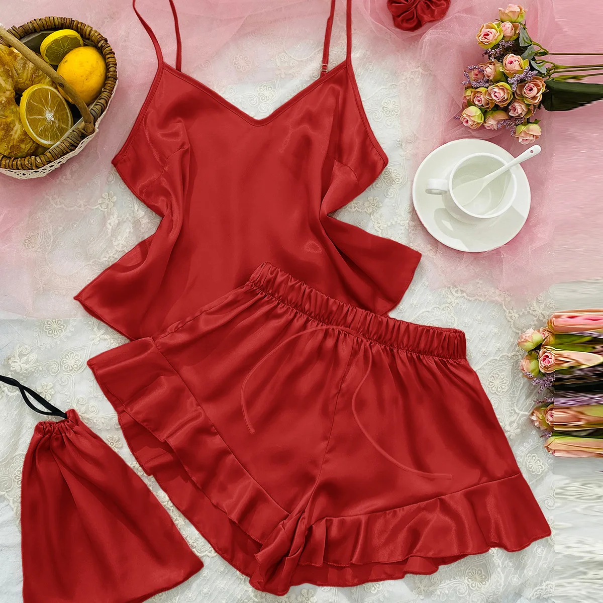 Artificial Silk Camisole Home Wear Three-Piece Set Simple Casual Ice Silk Suspender Shorts Suit Sexy Pajamas Underwear for Women