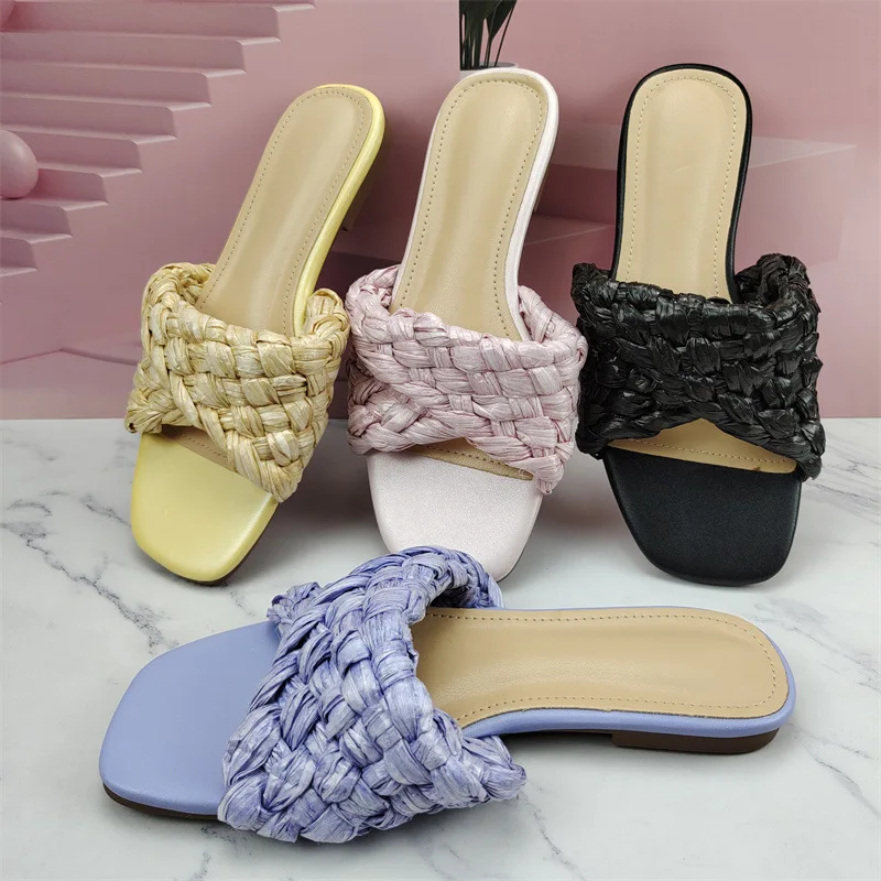 

2022 NEW Square Toe Flat Slippers Weave Colored beach slippers Women Sandal Casual non-slip Shoes Open Toe Summer Outdoor Mule