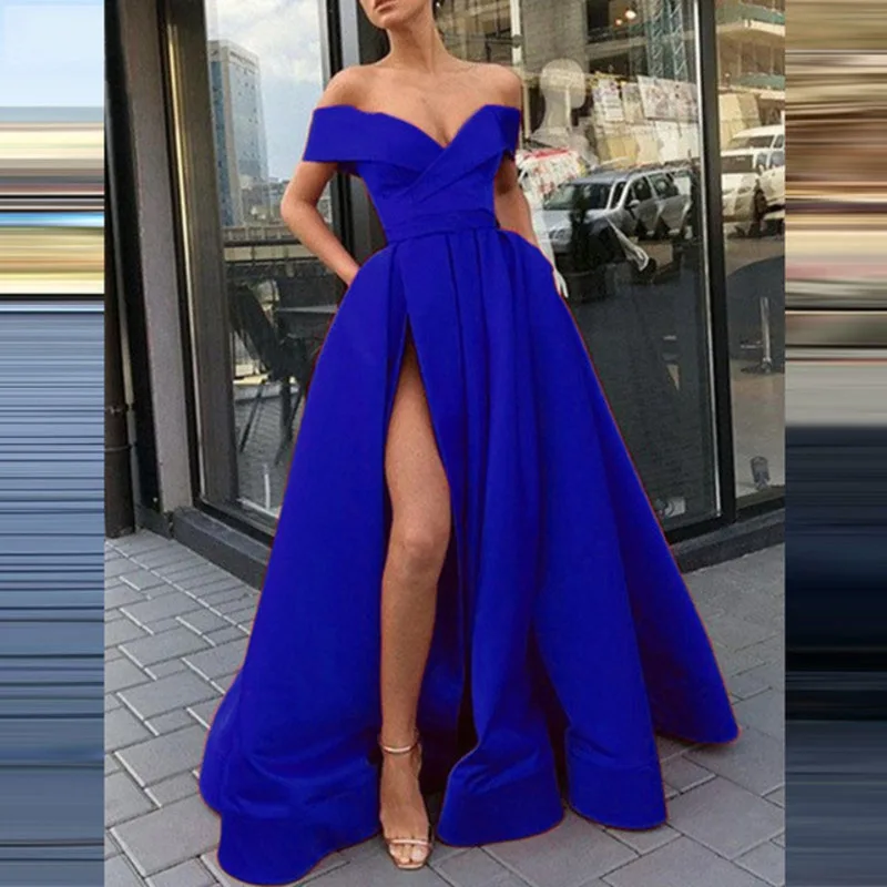 Elegant Strapless Solid Club Party Dress Sexy Off Shoulder Backless Slit Maxi Dress Summer Women Short Sleeve Boho Long Dresses