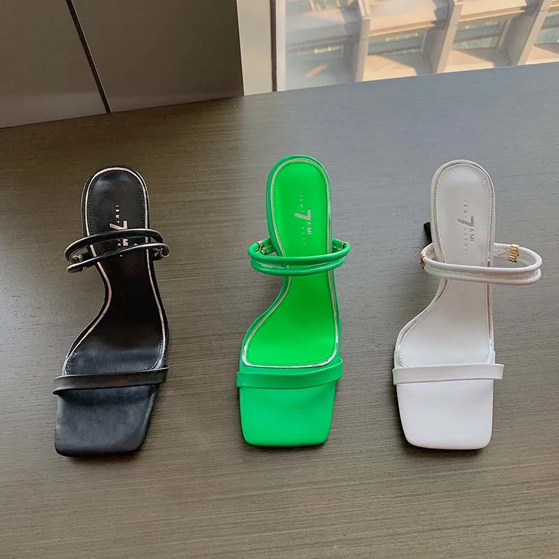 

Open Toe Women Slippers Black White Green Summer Party Pumps Thin High Heels Casual Ladies Slides Mules Shoes Woman 35-39