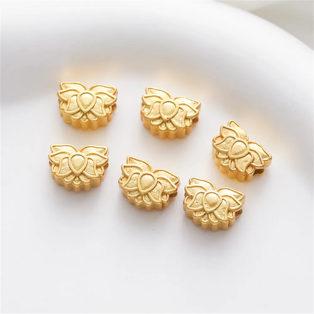 

1pcs 18k gold package dumb gold double-sided pattern Lotus retro beads cross hole through hole diy accessories loose beads