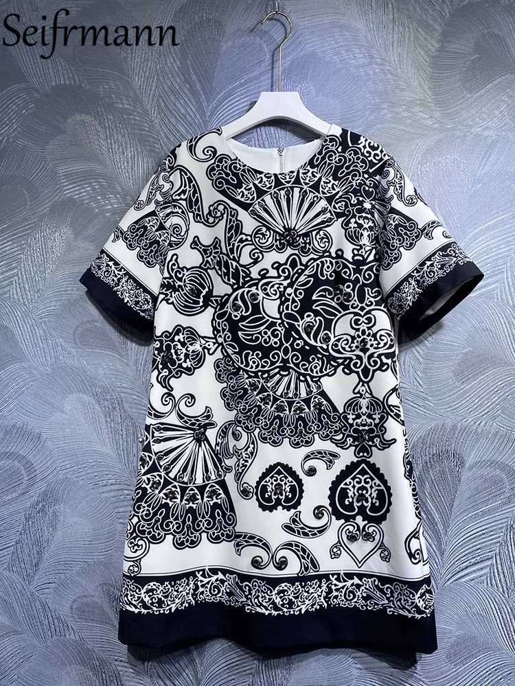 Seifrmann High Quality Summer Women Fashion Runway Mini Dress Short Sleeve Gorgeous Beading Vintage Printed Elegant A-Line Dress