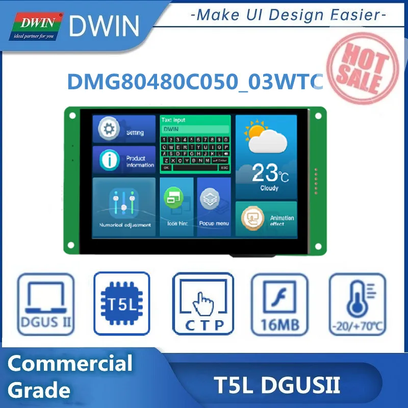 رائجة البيع DWIN 5.0 بوصة HMI وحدة ذكية ، شاشة الكريستال السائل ، 800 * RGB * 480 ، محفوظة واي فاي/واجهة USB-DMG80480C050_03WTC