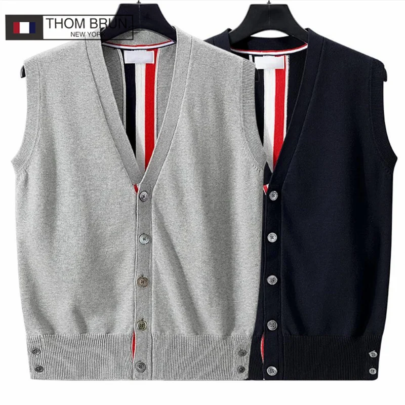 

Мужской трикотажный кардиган, жилет, повседневная майка из хлопка с V-образным вырезом и лентой на спине, THOM BIRUCRP