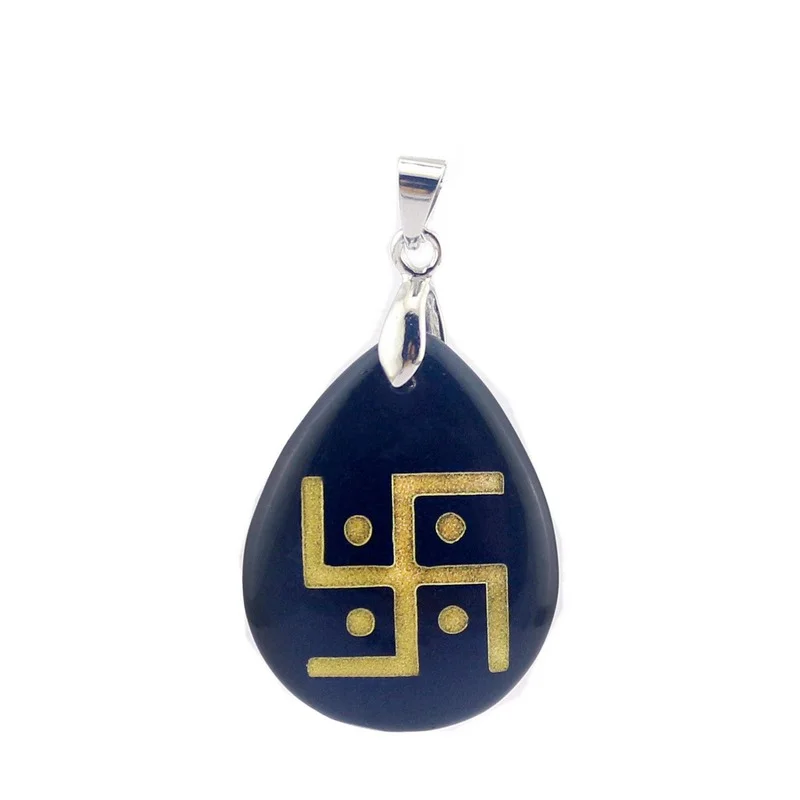

Natural Obsidian Carved Swastika Symbols Water Droplets Pendant Gem Alphabet Beads Jewelry Necklace Making