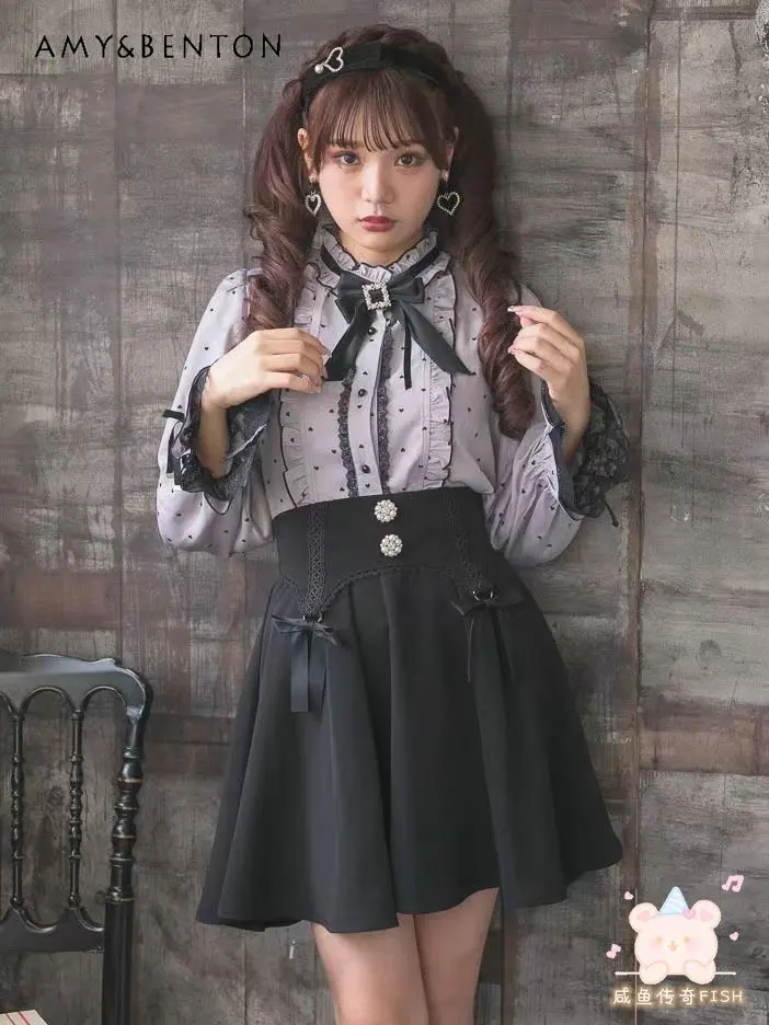 Lace Rojita Skirt Autumn New Women's A Line Bow Korean Style Black Mini Skirt Solid Color Kawaii Lolita Short Ladies Skirt