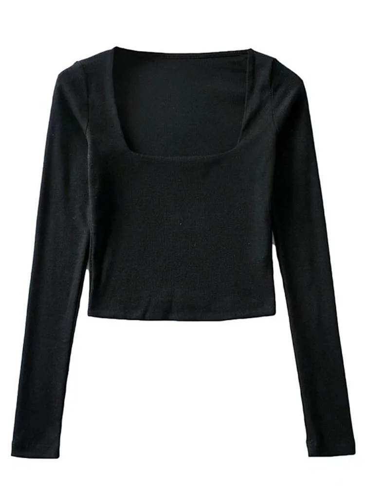 Women Cotton Ribbed Square Neck Crop Top With Long Sleeve