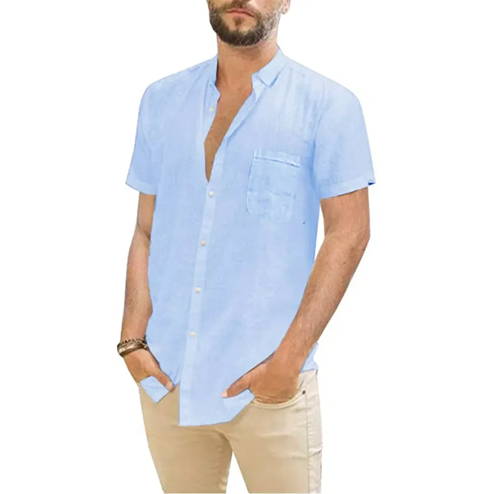 

NEW IN Cotton Linen Hot Sale Men's Short-Sleeved Shirts Summer Solid Color Turn-down collar Casual Beach Style Plus Size
