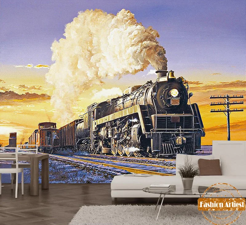 

Винтажные обои на заказ, фрески, паровоз, поезд, машинное оборудование, картина маслом, ТВ, диван, спальня, гостиная, кафе, бар, ресторан