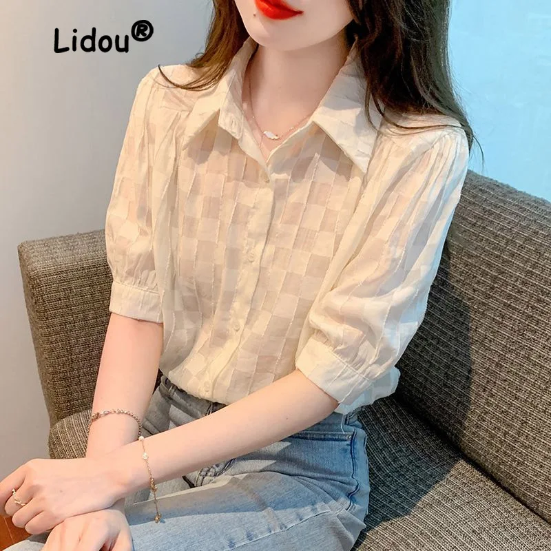 

Summer Checkered Chiffon Blouse Women's 3/4 Sleeve Polo Collar Fashion Office Versatile Single-breasted Casual Shirt New