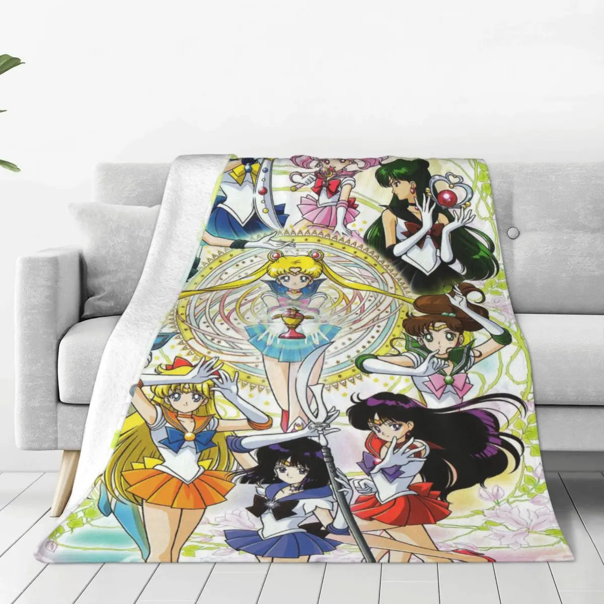 

Moon Girl Anime Plaid Blankets Flannel Spring Autumn Portable Super Warm Throw Blankets for Bedding Bedroom Plush Thin Quilt