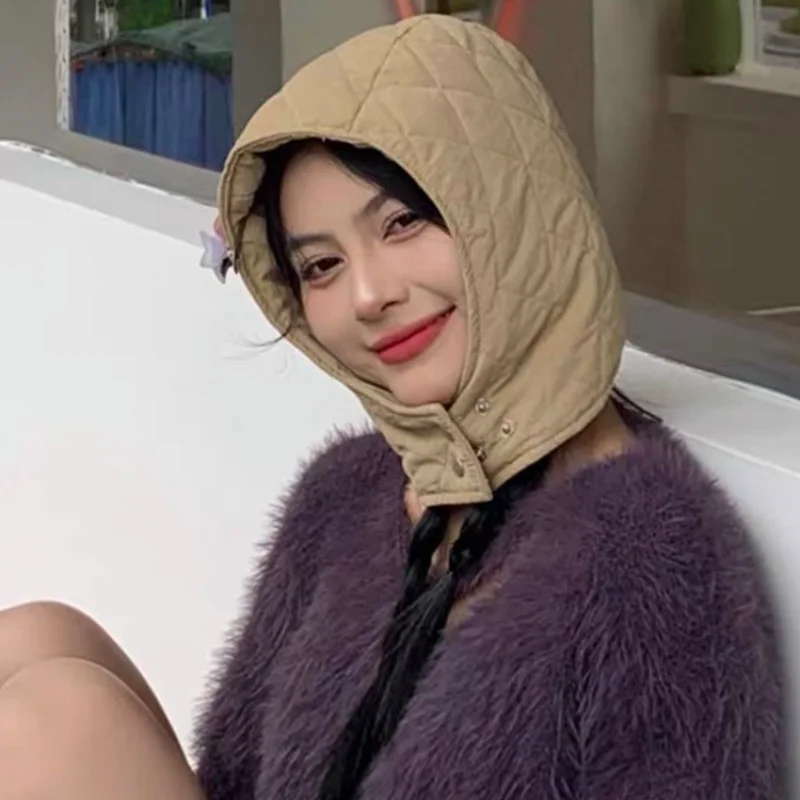 Y2K пуховая Балаклава с ромбовидным узором шапки для женщин зимняя теплая шапка