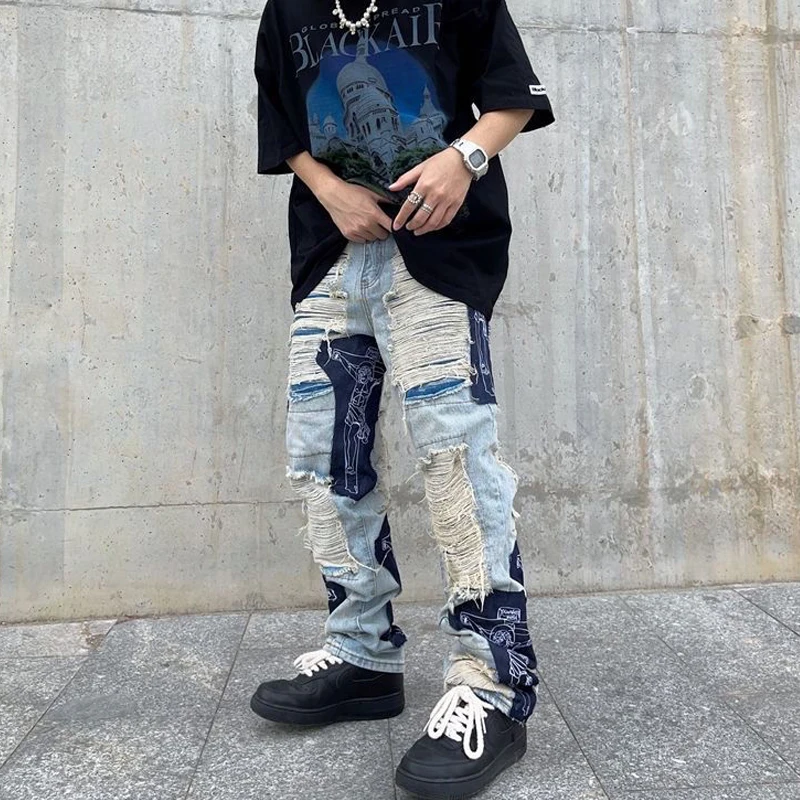 Spring Y2K Men's Vintage Ripped Jeans Clothes Fashion Trousers Cross Splicing Streetwear Straight Baggy Trousers Pants For Men