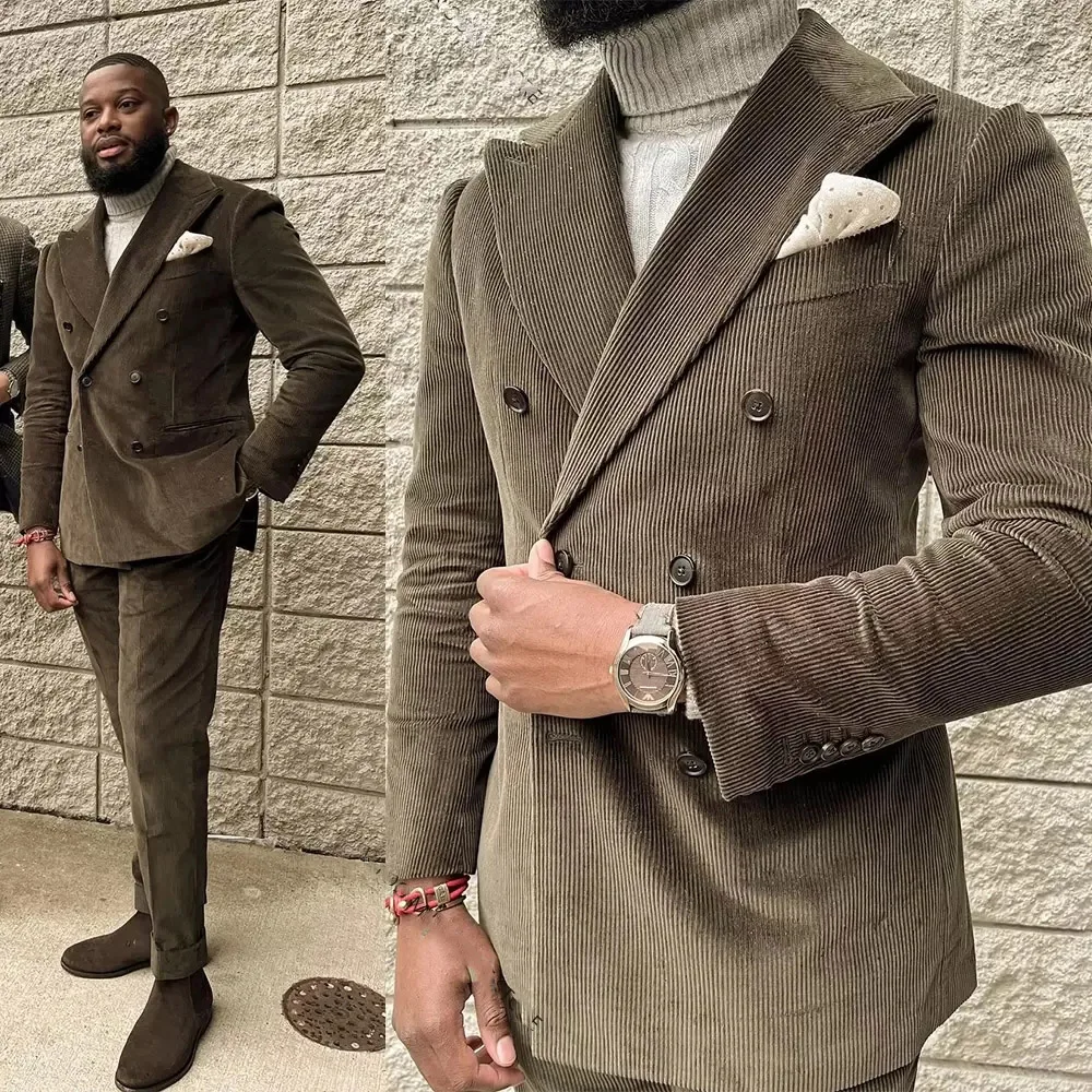 Men's Corduroy Double Breasted Suit and Blazer Two Piece Handsome Brown Custom Men's Lapel Blazer Business Dress Jacket Pants