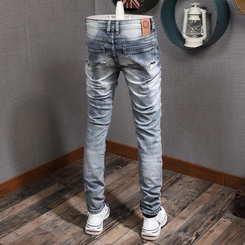 Fashion Designer Mens Jeans Retro Light Blue Stretch Slim Fit Printed Ripped Hole Denim Trousers Vintage Casual Pants Hombre