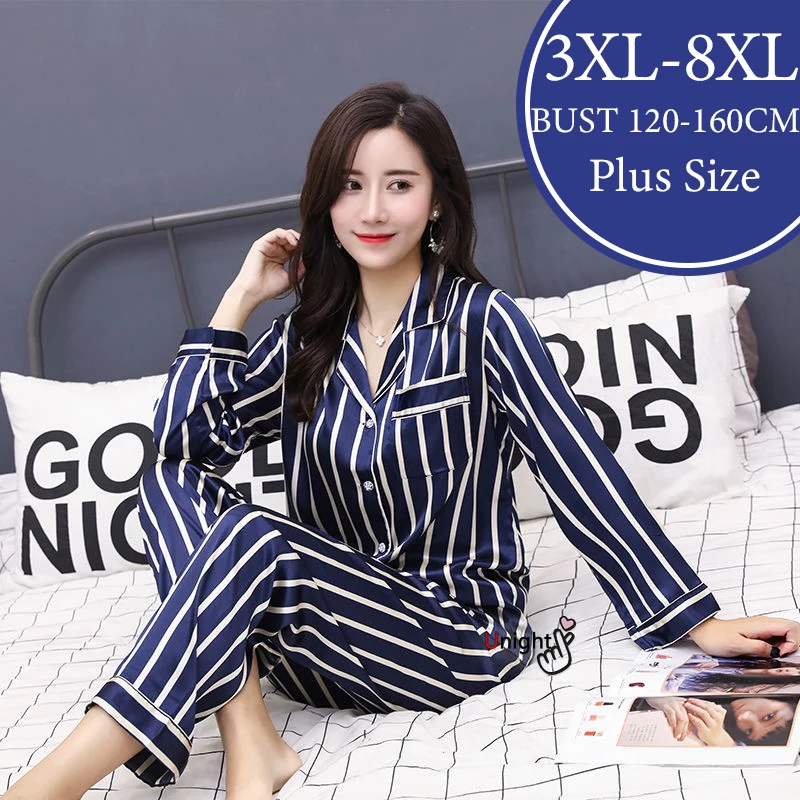 

3XL-8XL Satin Pajamas Large 5XL Trouser Suit Women Pyjamas Casual Set Silk Sleepwear Nightwear Home Clothes Loungewear Pijama