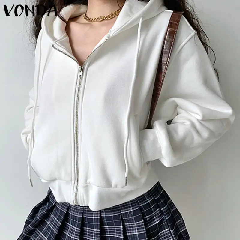 

VONDA винтажная Весенняя женская повседневная куртка с длинным рукавом, женские толстовки с рукавами-фонариками, пальто на молнии, однотонная...