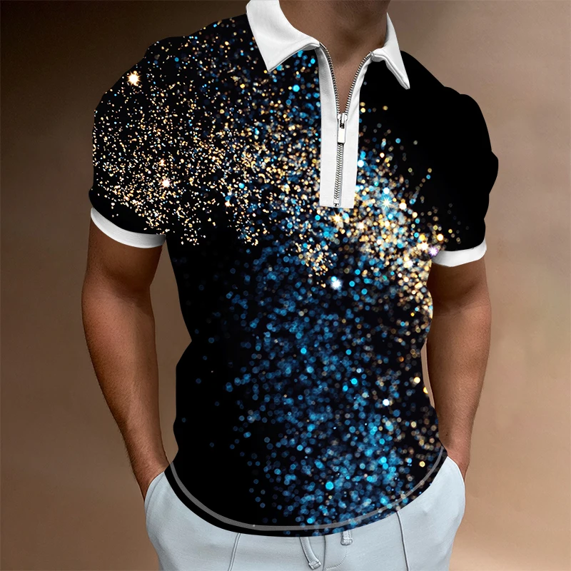 

3d Print starry sky polka dot Fashion Short Sleeve Tops For Men Casual Turn-down Collar Zip-up Polo Shirts 2022 Summer Men's