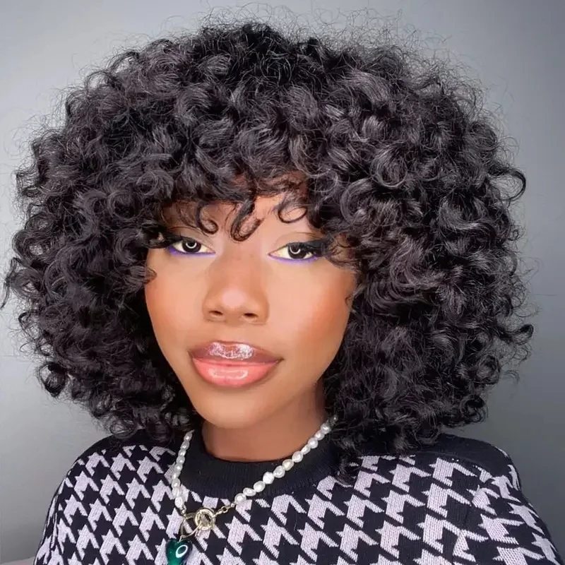 Фото Парик из натуральных волос 2026 Rose Curly Short Bob с челкой, полностью машинной работы, 250% плотность, для чернокожих женщин, бразильские волосы Remy JK753 №2