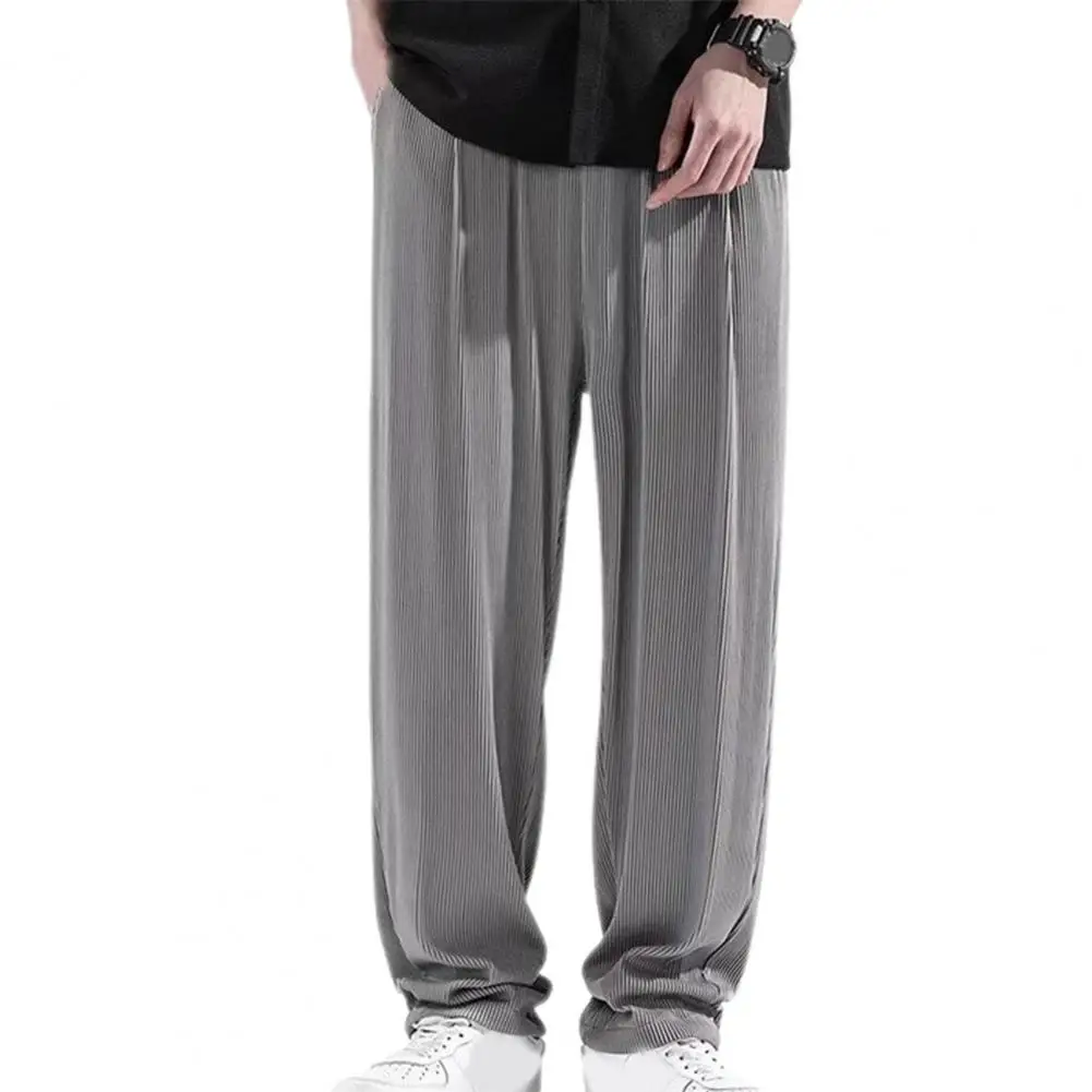 

Men Pants Solid Color Wide Leg Summer Ultra-thin Drawstring Sports Pants Drawstring Straight Pants