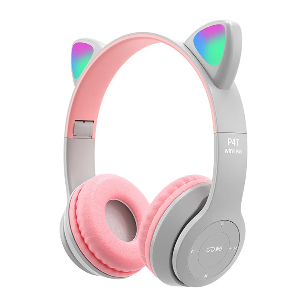 

P47M LED light Cute Cat Ears Wireless Headphones with Mic Kid Girl Stereo Music Helmet Phone Bluetooth-compatible Headset