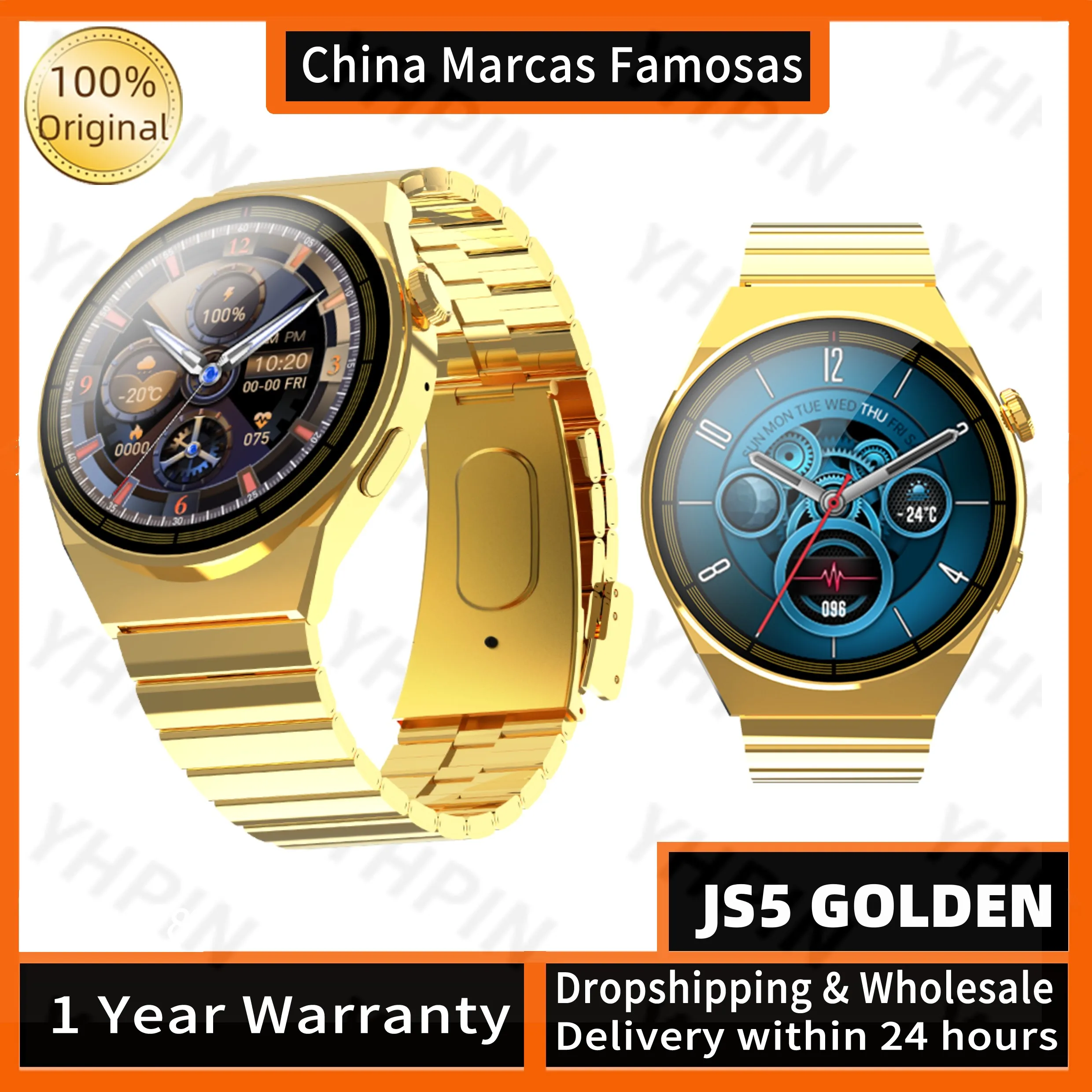 

2023 оригинальные золотые часы JS5, золотистые, многофункциональные, с функцией Голосового помощника, прикроватные часы, 1,52 дюймовый HD цветной экран, умные часы
