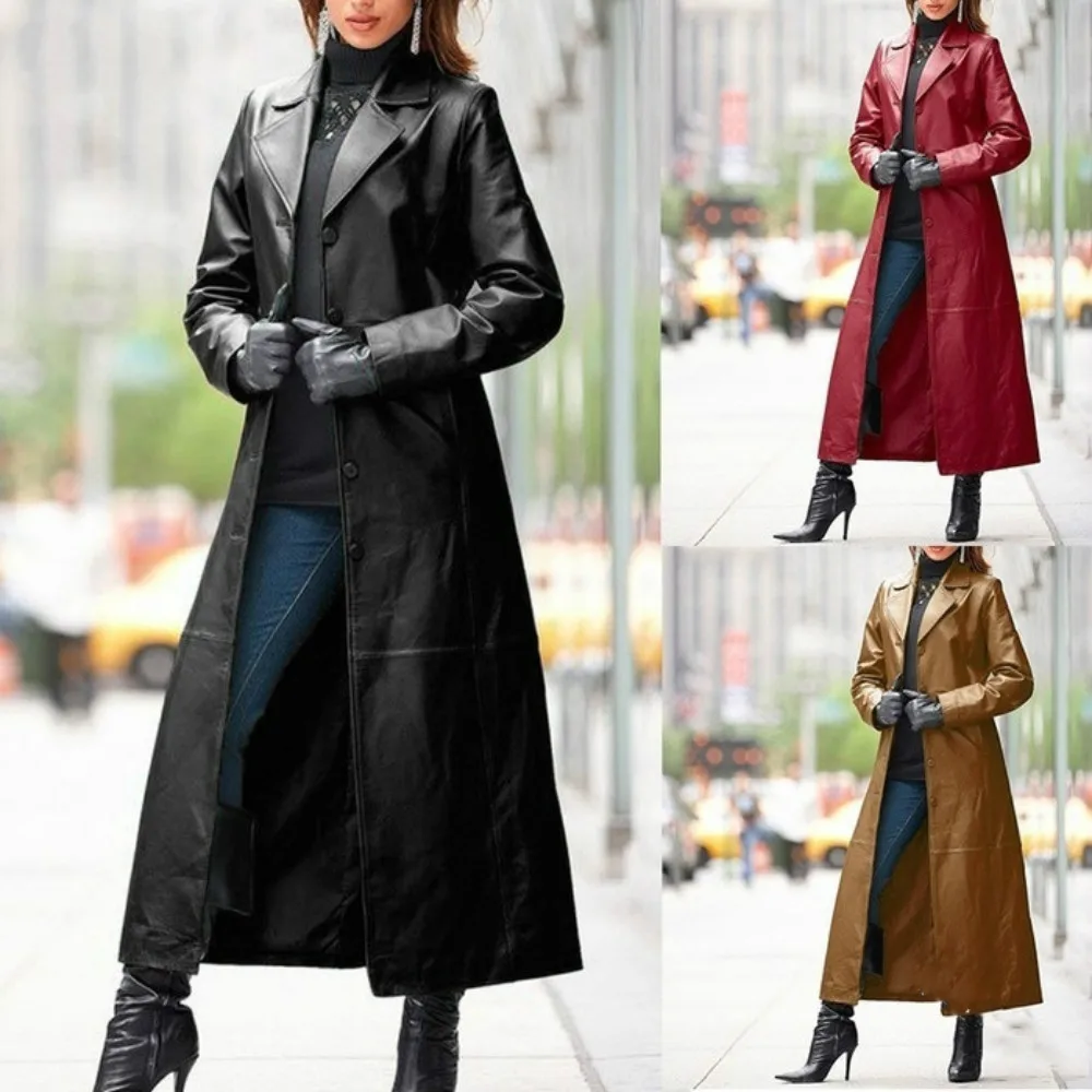 Gothic Lapel Leather Jacket 2021 Women Plus Size Casual Loose Long Trench Coats Autumn Button Solid Color Steampunk Biker Jacket