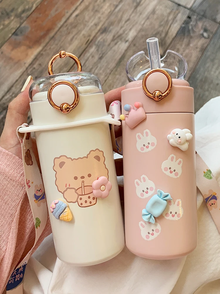 Cute Thermos Water Steel Stainless Tea Travel Insulated Flask Bear Cartoons 350/480ml Milk Cup Straw Bottle Vacuum Coffee images - 6