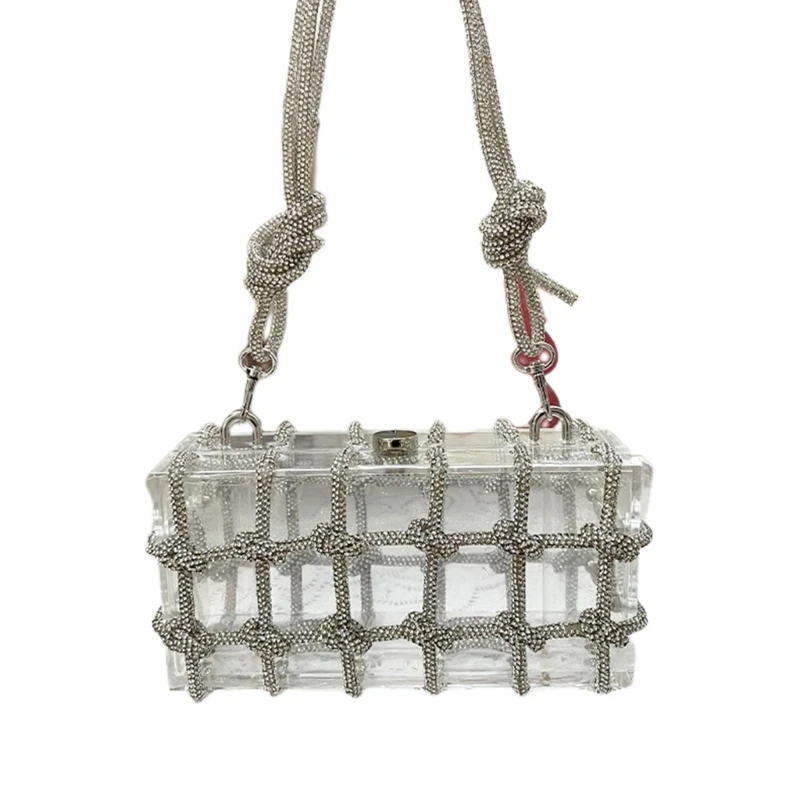 

28GD Women Acrylic Clutch Purse French Style Evening Bag Woven Knotted Rope Clear Formal Handbag Party Bridal Wedding Purse