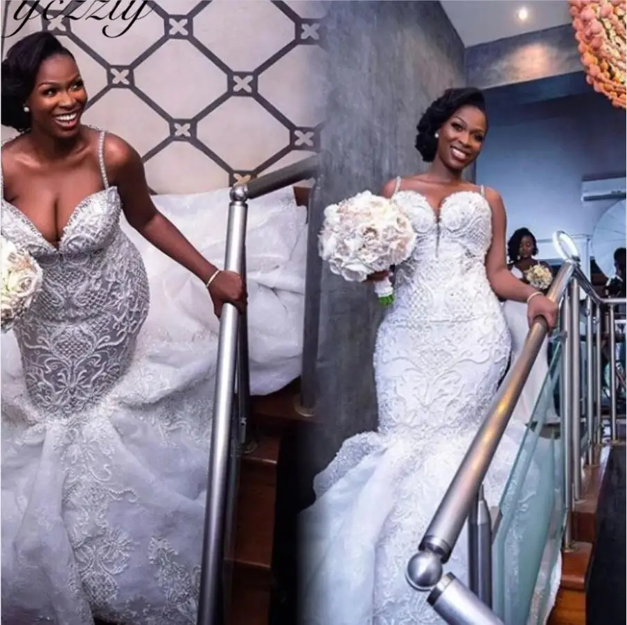 

Yczzly Beaded Mermaid Wedding Dress Sweetheart Spaghetti Straps Lace Bridal Gown Long Train Luxury Trouwjurk YW285