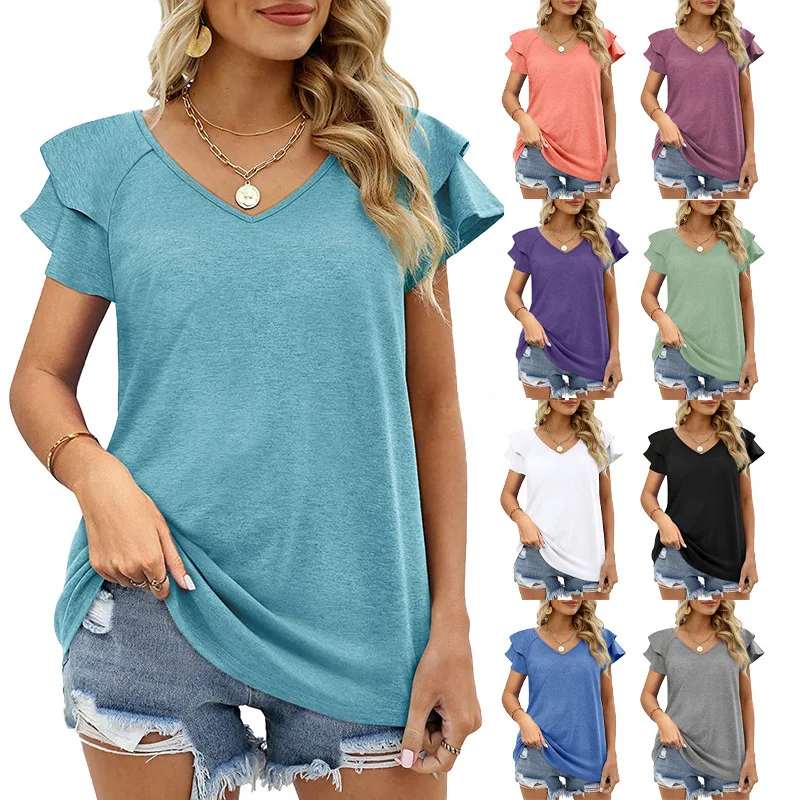 

Jing Women's Dress 2023 Summer New Solid V-Neck Double layer Ruffle Sleeve Loose Top T-shirt