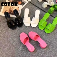 summer women slippers mid heel candy color ladies casual slippers pu leather open toe slides woman fahsion sandals