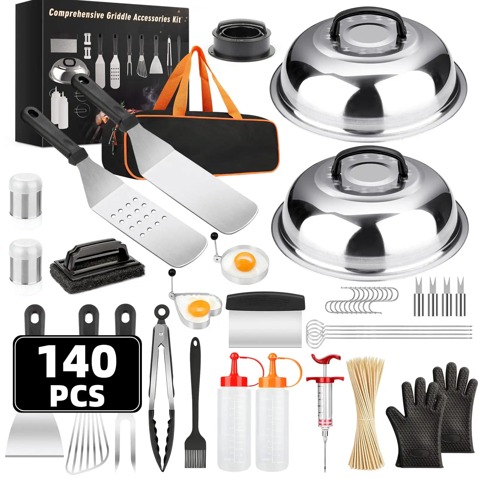 

Griddle Accessories Kit, 140 Pcs Griddle Accessories Set Blackstone , Professional Griddle Grill BBQ Spatula Set with Two Basti