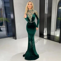 caroline moroccan caftan evening dress gold appliques lace cap sleeve royal green mermaid velvet prom gowns party custom made